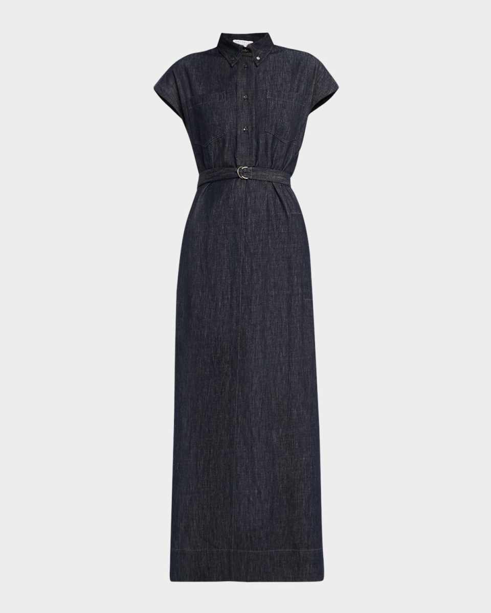Cap-Sleeve Belted Indigo Midi Shirtdress